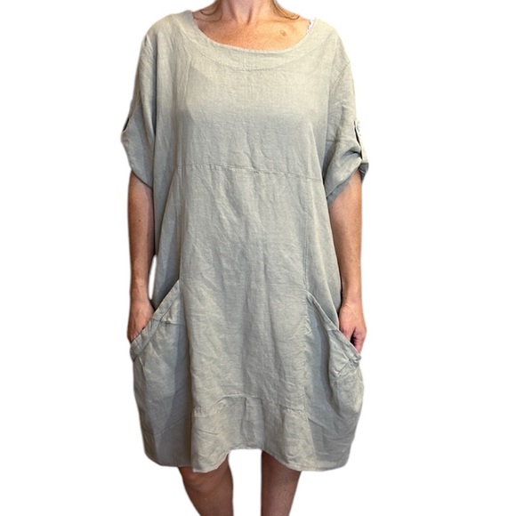 VASNA Italian LINEN Lagenlook Oversized POCKETS Utility Dress Khaki/Taupe M - Picture 3 of 12